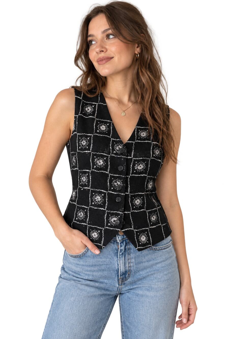 Vtg Talbots Vest Sz L Linen 90s Black Novelty Print Button Front Preppy Academia
